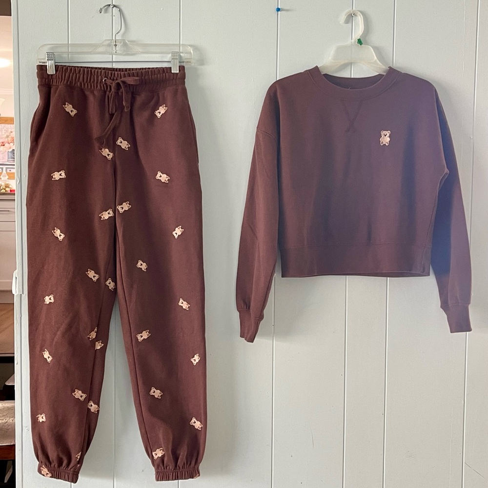 Pink Rose brown teddy bear fleece jogger set